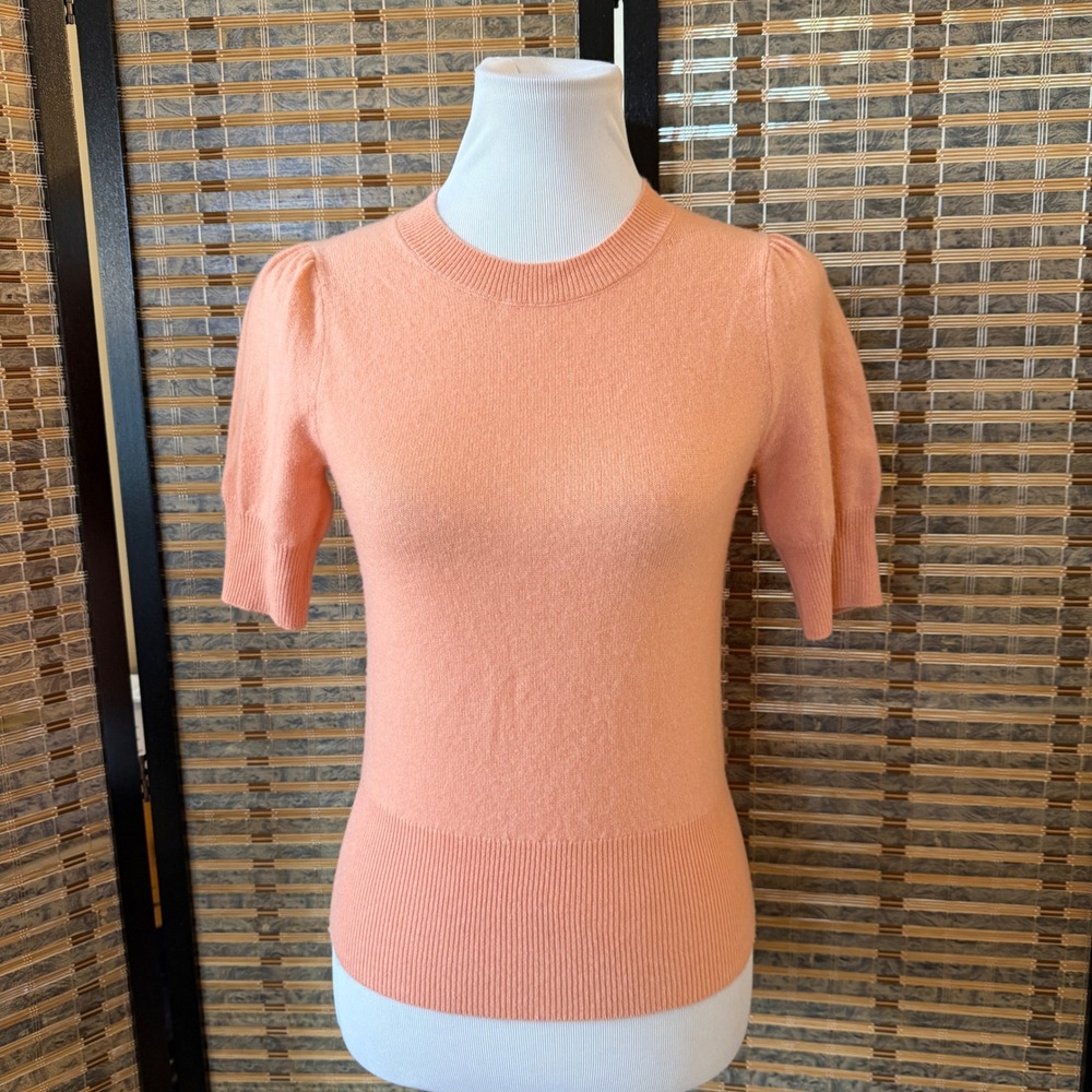 Ann Taylor Cashmere Sweater Women XXS Peach Puff Sleeve Crew Neck Knit Top